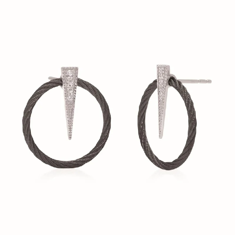 Minimalist bar earrings-Alor Cable Wire Black Open Circle Earrings w/ Diamond Accent Spike