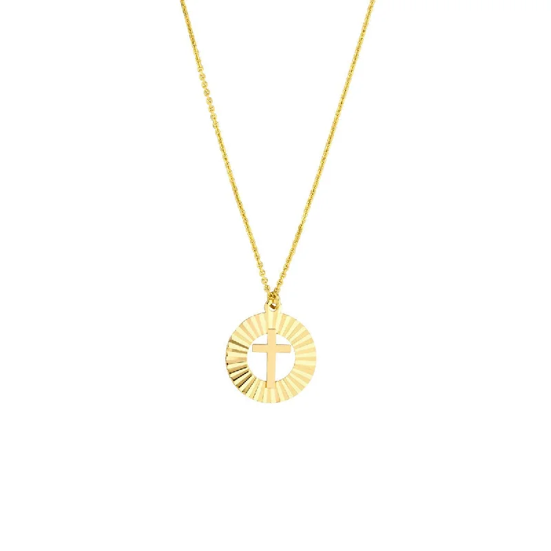 Polished gold necklaces-14K Yellow Gold Fluted Cross Medallion Necklace