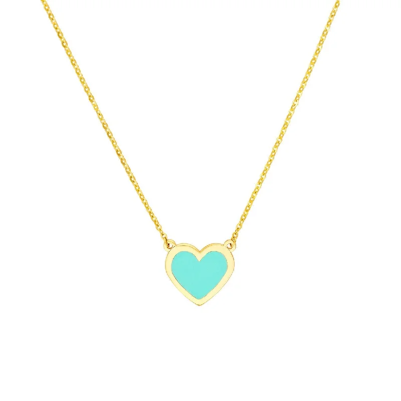 Statement choker necklaces-14K Yellow Gold Light Turquoise Enamel Bezel Heart Necklace