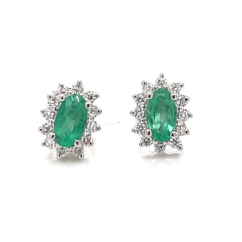 Butterfly wing earrings-9ct White Gold Earth Grown Princess Di Style Emerald & Diamond Stud Earrings