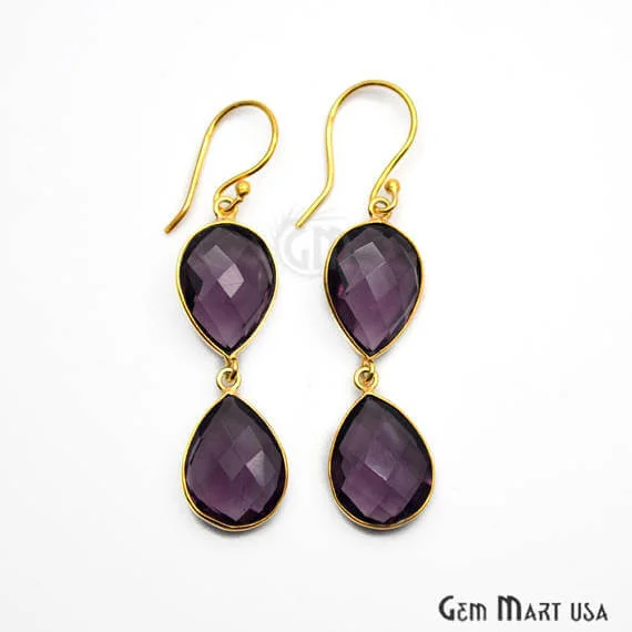 Retro clip-on earrings-Amethyst Bezel Pears Shape Gold Plated 40x12mm Dangle Hook Earring (AMER-90186)