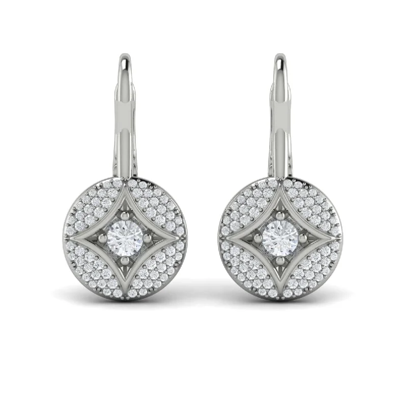 Vintage drop earrings-Diamond Disc  with Vlora Star Motif and Diamond Centerstone Huggie Earrings