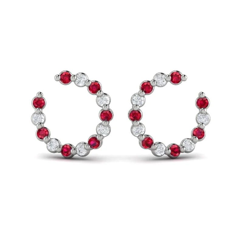 Rainbow bead earrings-Forward-facing Diamond and Ruby  Open Hoop Earrings