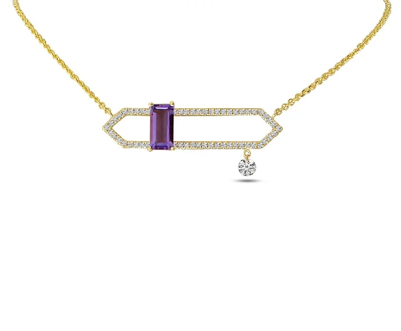 Wooden bead necklaces-14K Yellow Gold Dashing Diamonds Open Amethyst Semi Precious Necklace