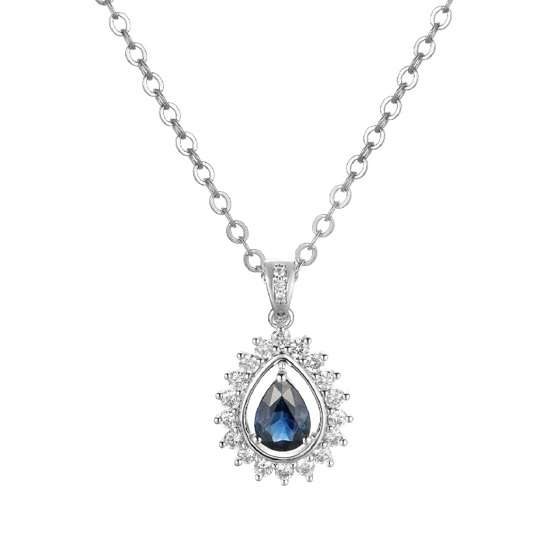 Lace-inspired necklaces-14K White Gold Pear Shape Sapphire With Diamond Halo Pendant Necklace