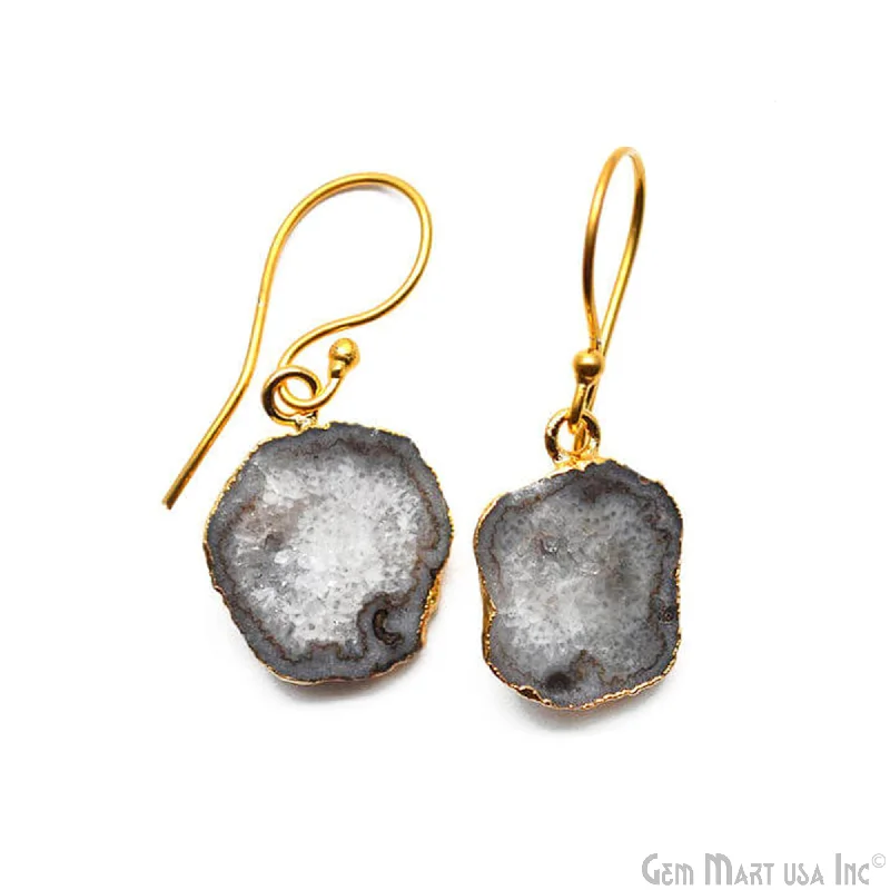 Mixed metal earrings-Grey Geode Organic Druzy 18X13mm Gold Electroplated Hook Earring (DPER-90265)