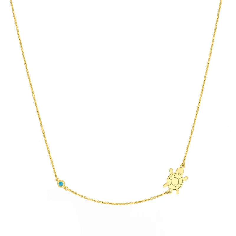 Matte gold necklaces-14K Yellow Gold Sideways Floating Turtle and Turq Bezel Necklace