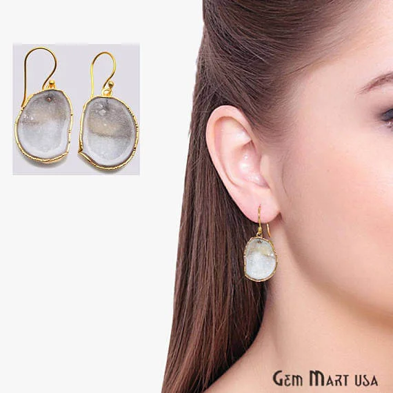 Double-sided earrings-White Geode Druzy Organic Shape 35x22mm Gold Electroplated Gemstone Dangle Hook Earring