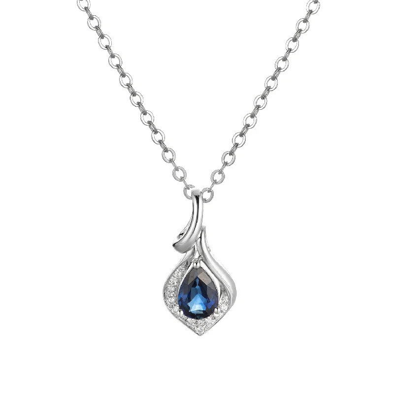 Glass bead necklaces-14K White Gold Pear Shape Sapphire Diamond Pendant Necklace