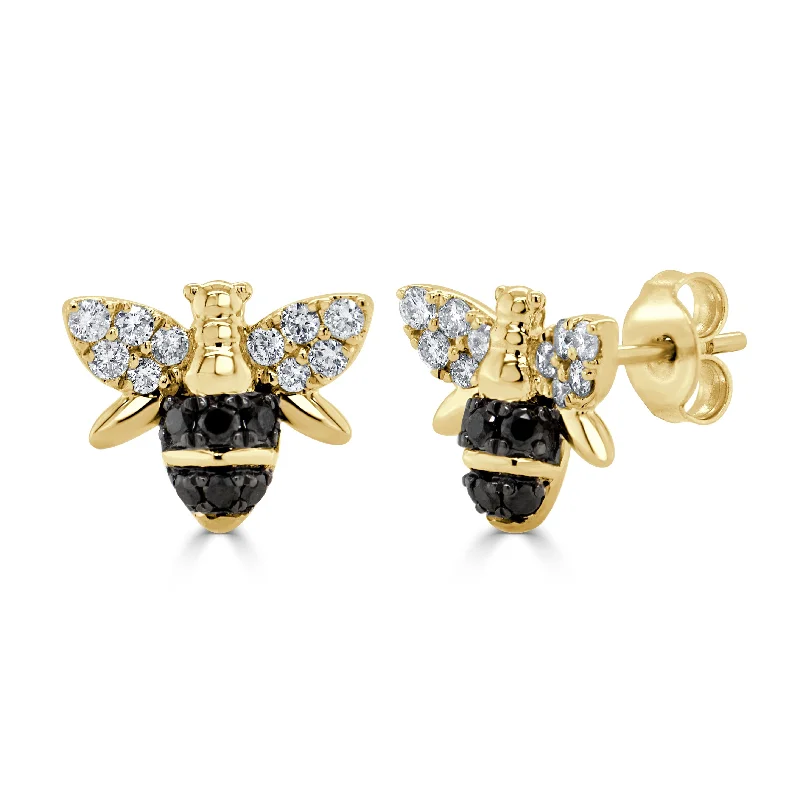 Baroque pearl earrings-14k Gold Black & White Diamond Bumble Bee Stud Earring