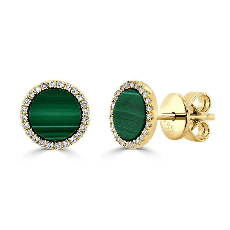 Sculptural art earrings-14k Gold, Diamond & Malachite Disc Studs