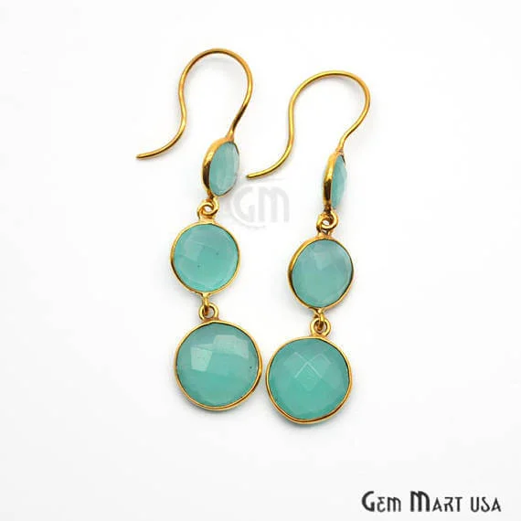 Baroque pearl earrings-Aqua Chalcedony Bezel Round Shape Gold Plated 40x12mm Dangle Hook Earring (ADER-90183)