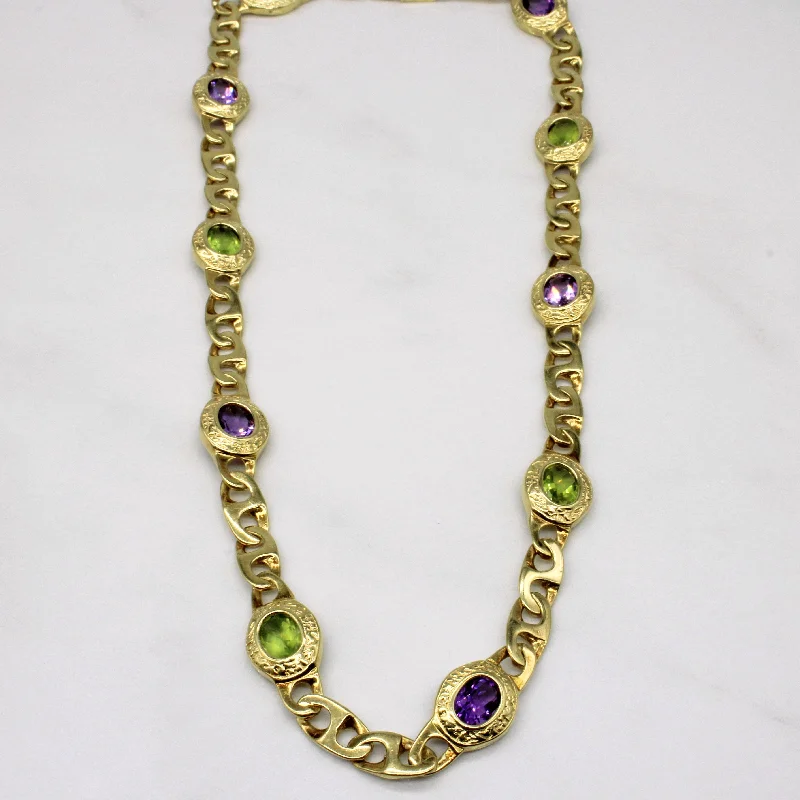 Boho beaded necklaces-14k Yellow Gold Amethyst and Peridot Chain Necklace | 7.90ctw | 16"