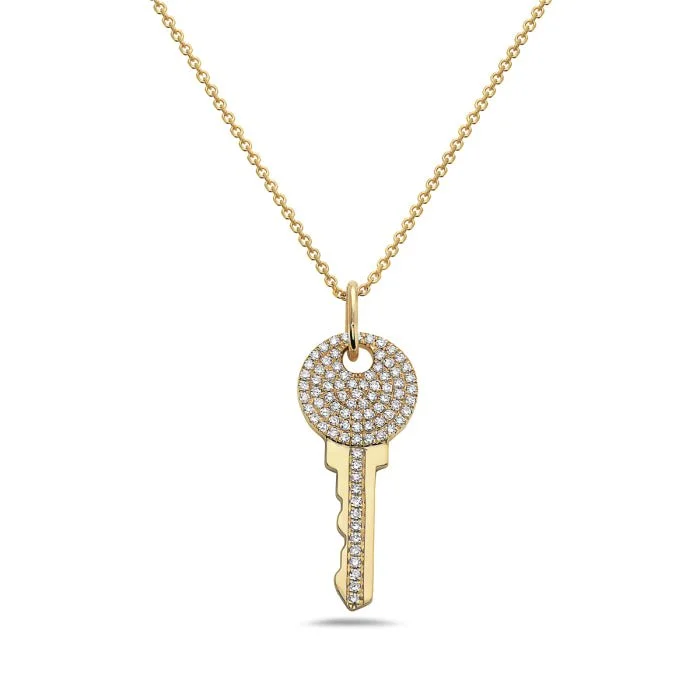 Crystal drop necklaces-14K Yellow Gold Key Diamond Pendant