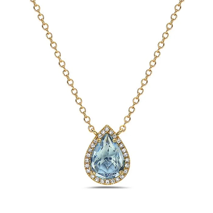 Herringbone chain necklaces-14K Yellow Gold Pear Shape Blue Topaz And Diamond Necklace