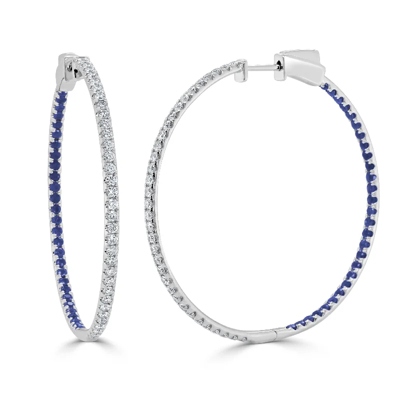 Huggie hoop earrings-14K Gold Half Diamond Half Sapphire Hoop Earrings