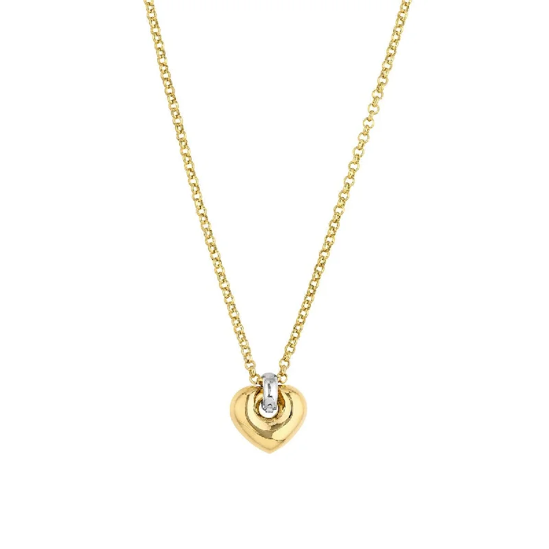 Sleek link necklaces-14K Two Tone Gold Puff Heart Pendant Necklace