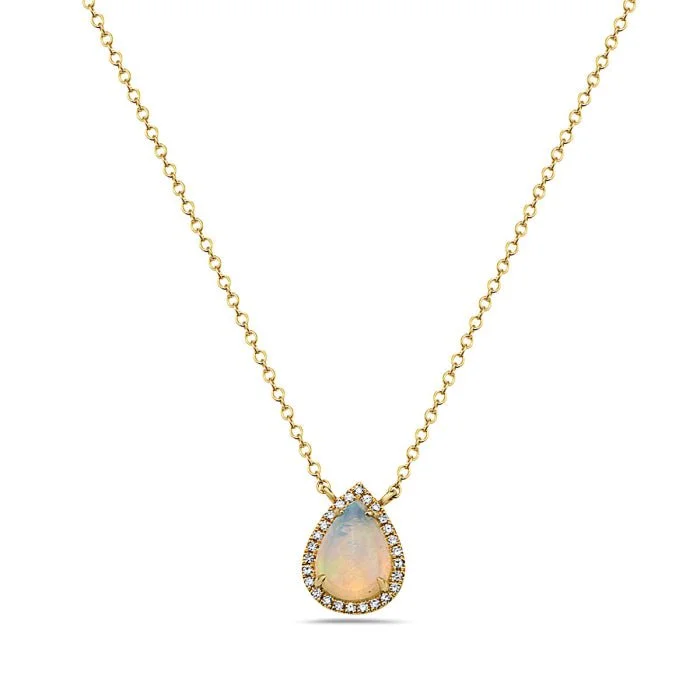 Tennis style necklaces-14K Yellow Gold Pear Shape Opal And Diamond Necklace