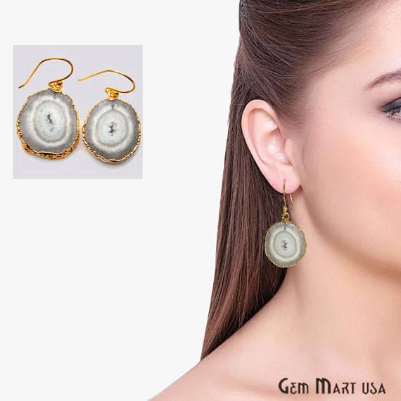 Crescent moon earrings-White Solar Druzy Organic Shape Gold Electroplated 26x21mm Dangle Hook Earring (DZER-12789)