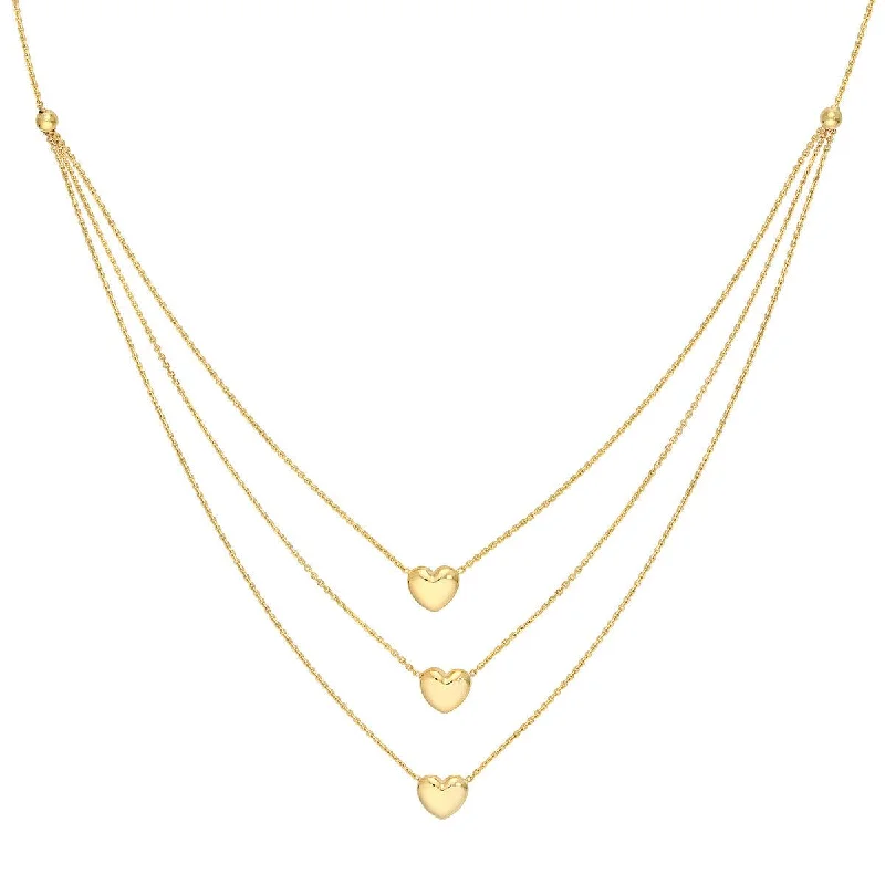 Moroccan motif necklaces-14K Yellow Gold Triple Strand Puffy Heart Necklace