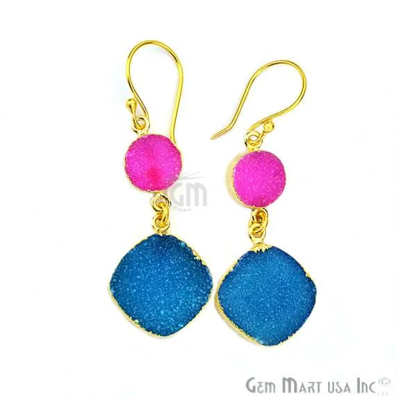 Sculpted clay earrings-Double Druzy Stone 52x10mm Gold Plated Hook Earrings (Pick your Gemstone) (90117-1)