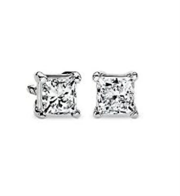 Rustic wooden earrings-14K White 4-prong Princess Cut Diamond Stud Earrings