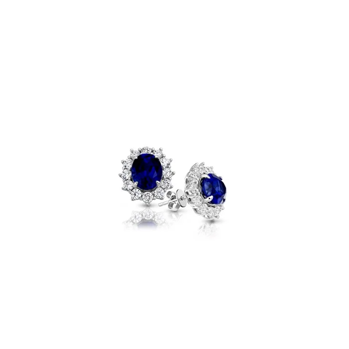 Gemstone cluster earrings-9ct White Gold Lady Di Sapphire And Cz Cluster Stud Earrings