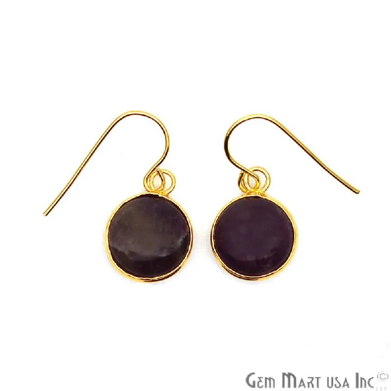 Asymmetrical earrings-Round Gemstone 12mm Gold Plated Dangle Hook Earring Choose Your Gemstone (CHPR)