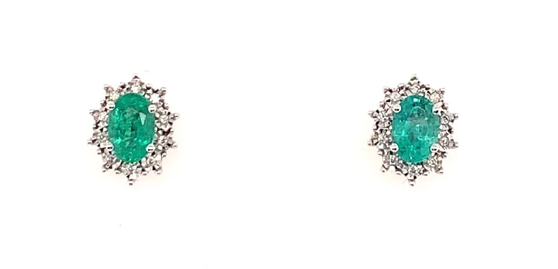 Floral hoop earrings-9ct White Gold Emerald And Diamond Cluster Stud Earrings