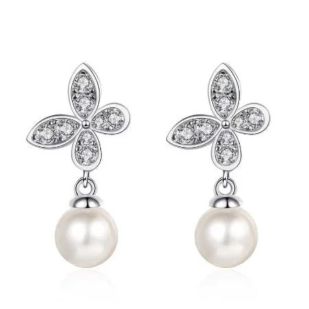 Crescent moon earrings-Antoinette Lab Diamond & Pearl Earrings