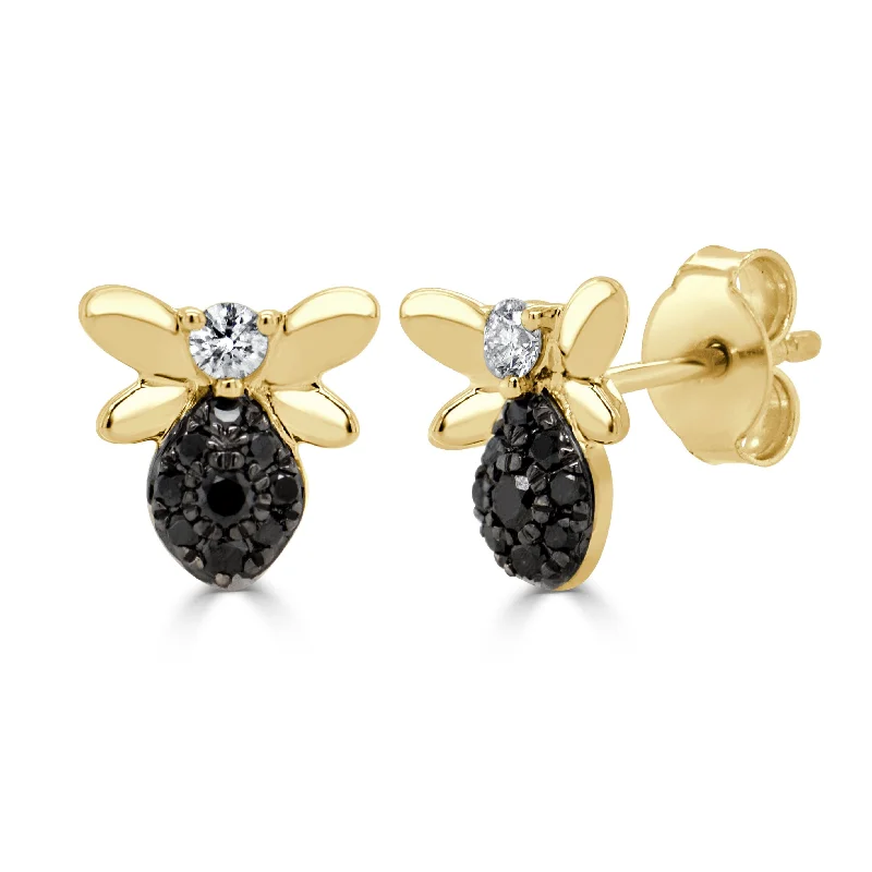 Moroccan tile earrings-14k Gold Black & White Diamond Bumble Bee Stud Earrings