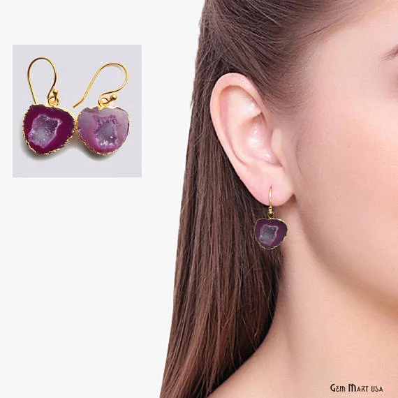 Sculptural hoop earrings-Geode Druzy Dangle Earrings, 22k Gold Electroplated Hook Earrings (DPER-90343)