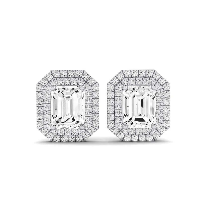 Emerald stone earrings-Cerise Emerald Cut Moissanite Halo Stud Earrings