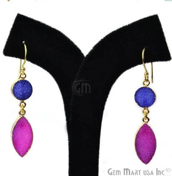 Hexagonal drop earrings-Double Druzy Stone 52x10mm Gold Plated Hook Earrings (Pick your Gemstone) (90135-1)