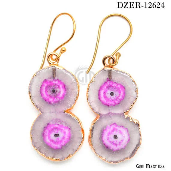 Multi-tier earrings-Pink Solar Druzy Organic Shape 37X19MM Gold Electroplated Hook Earring