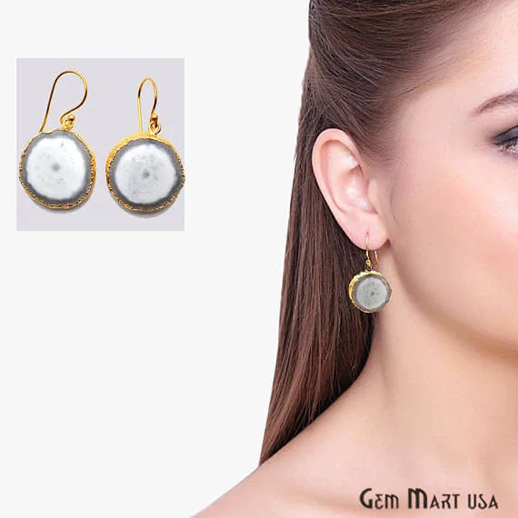 Lace-inspired earrings-White Solar Druzy Organic Shape Gold Electroplated 22x26mm Dangle Hook Earring (DZER-12804)