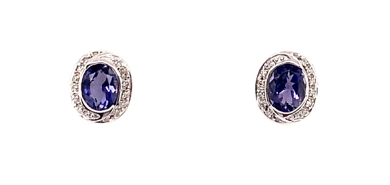 Retro clip-on earrings-9ct White Gold Oval Amethyst And Diamond Stud Earrings