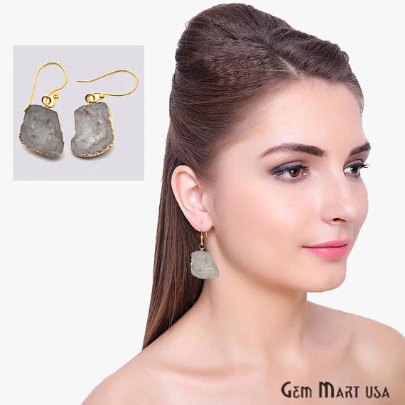 Gold hoop earrings-Geode Druzy Dangle Earrings, 22k Gold Electroplated Hook Earrings (DPER-90305)