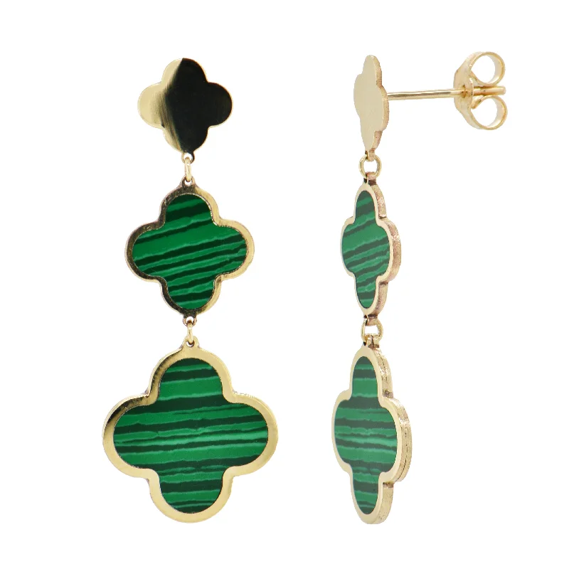 Bamboo style earrings-14K Gold Three Clover Gemstone Inlay Dangle Earrings