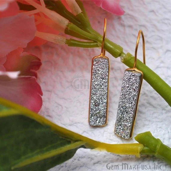 Spiral design earrings-Silver Druzy Rectangle Shape 30x8mm Gold Hook Dangle Earring 1Pair