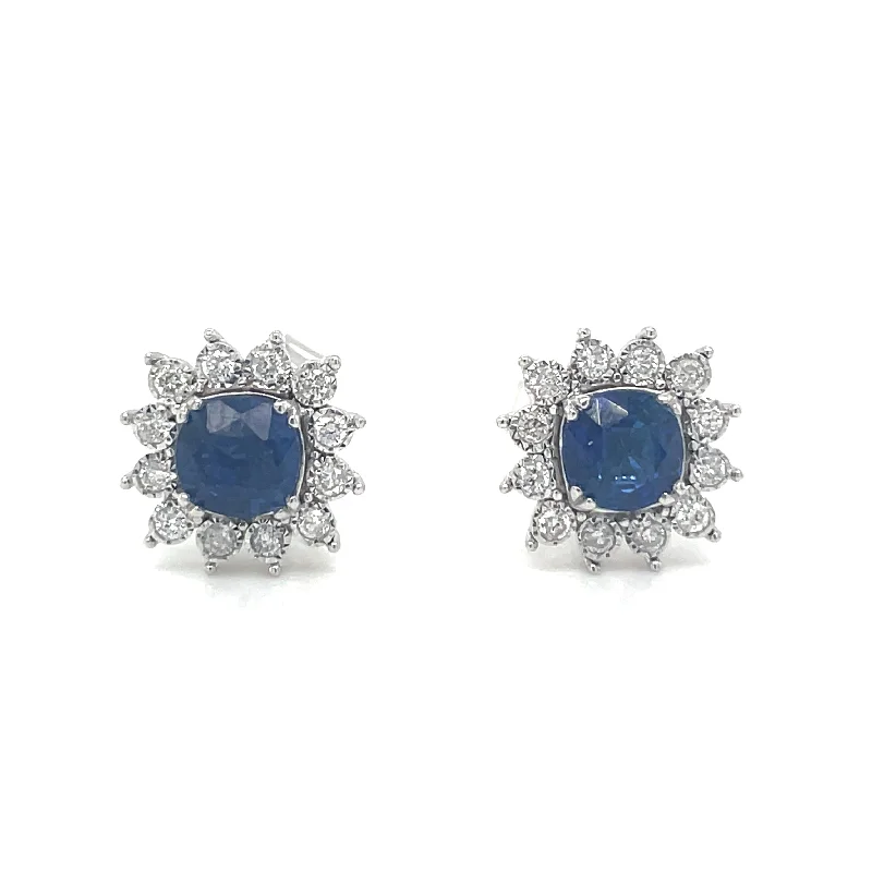 Asymmetrical earrings-9ct White Gold Round Sapphire and Diamond Cluster Halo Earrings