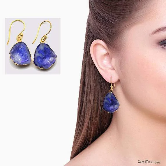 Victorian style earrings-Geode Druzy Dangle Earrings, 22k Gold Electroplated Hook Earrings (DPER-90401)