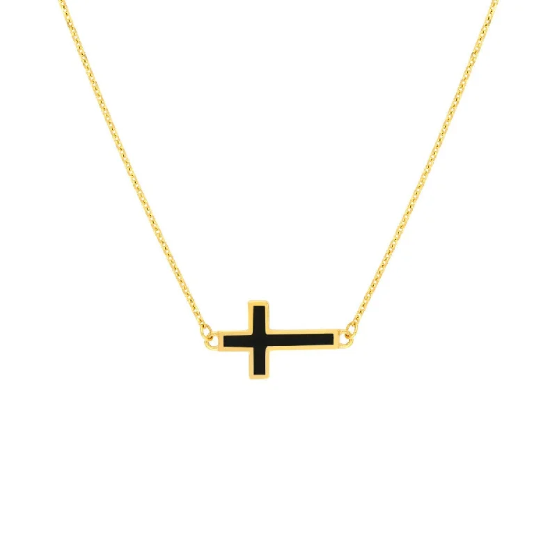 Rustic wooden necklaces-14K Yellow Gold Black Enamel Sideways Cross Necklace