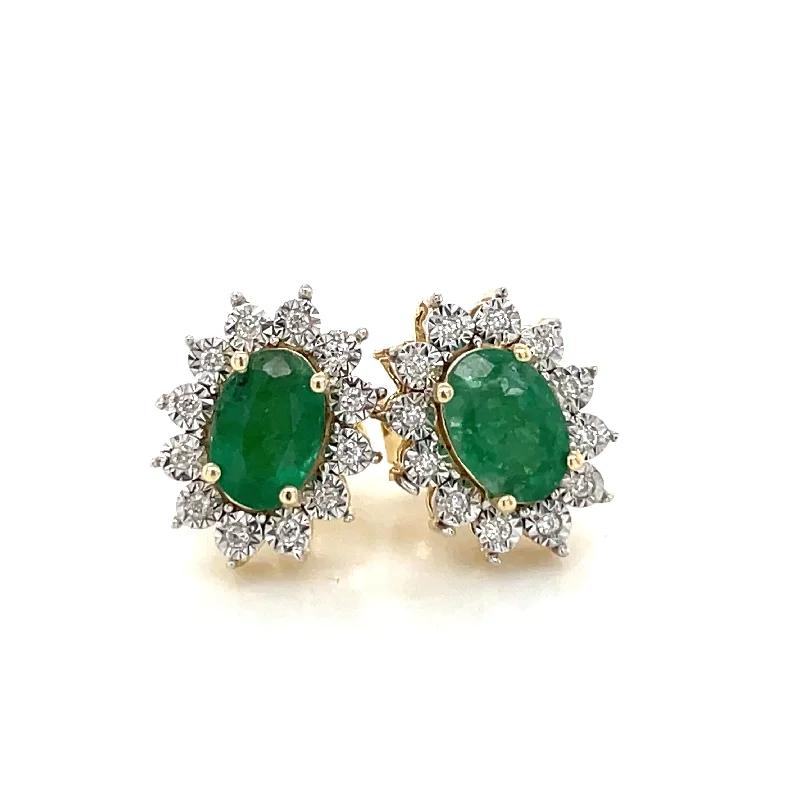 Sculptural hoop earrings-9ct Yellow Gold Earth Grown Oval Emerald & Diamond Cluster Halo Stud Earrings