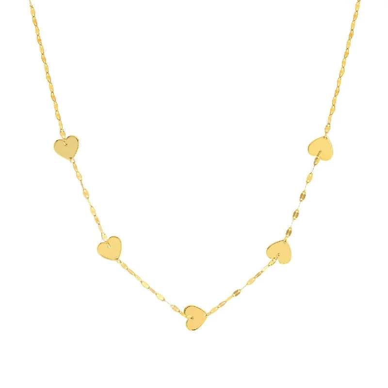 Crystal drop necklaces-14K Yellow Gold Adjustable Five Heart Stations Necklace