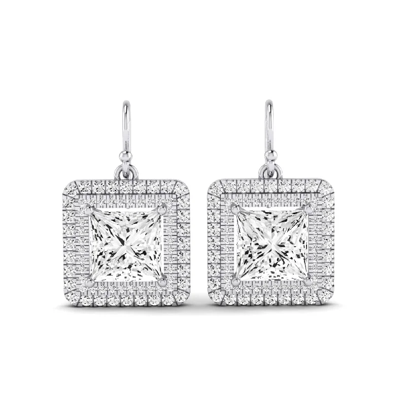 Cluster bead earrings-Forrest Princess Cut Diamond Halo Drop Earrings