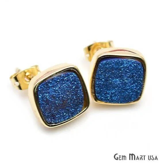 Rainbow bead earrings-Square Shape 12mm Gold Plated Druzy Stud Earrings (Pick your Gemstone) (90002-1)