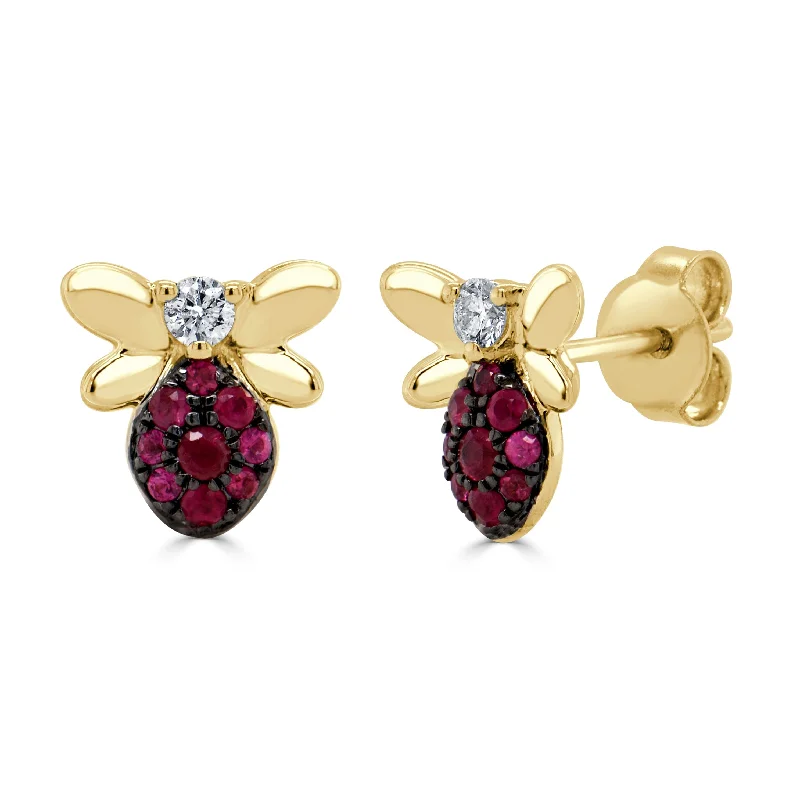 Hammered metal earrings-14k Gold Ruby & Diamond Bumble Bee Earring