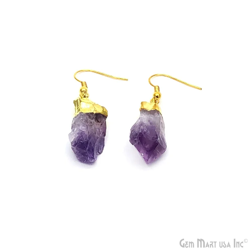 Angel wing earrings-Rough Amethyst 20x15mm Gold Plated Hook Earring