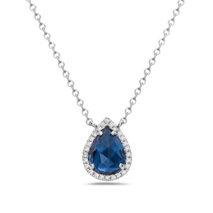 Braided fabric necklaces-14K White Gold Pear Shape Blue Topaz And Diamond Necklace